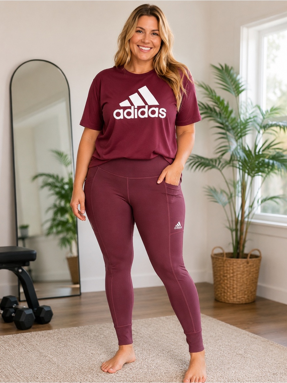 adidas Maroon Women's large High-Waist Leggings and Logo Tee outfit